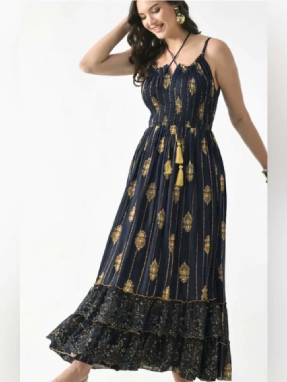 Boho Maxi Dress with Gold Print and Tassel Ties